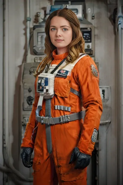wide shot, masterpiece, full body photograph of lashss-400 in an orange rebel pilot suit, (facing camera:1.5) standing on the flight deck of a rebel cruiser, holding flight helmet in hand , dslr, pale skin,three quarters front view, subsurface scattering, (light freckles:0.9), short straight hair in a ponytail, <lora:lashss-400:0.7>, bokeh, analog, <lora:starWarsRebelPilot_v01:.8>