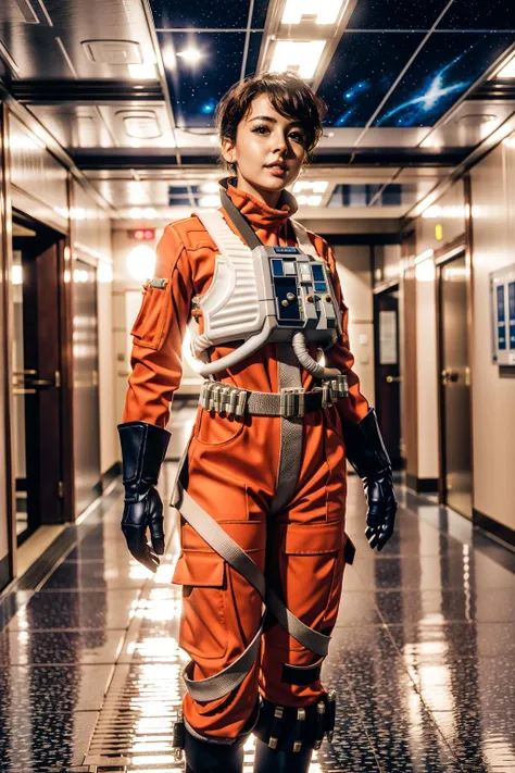 beautiful woman in rebel pilot suit,on a space station,corridor,looking at tech,thinking,masterpiece,intricate details<lora:RPSV3:0.8>