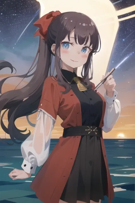 <lora:hifumi-000002:1>,((masterpiece,best quality, detailed)), cowboy shot, (1girl:1.2), solo, (seductive smile:1.3), breasts, standing, looking at viewer, (sea:1.3),(starry sky:1.3) , <lora:pastelMixStylizedAnime_pastelMixLoraVersion:0.8>
