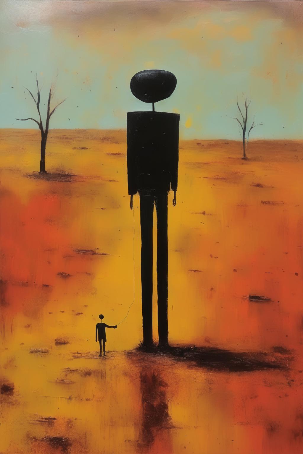 Painting of a man standing in a desert with a dog - SeaArt AI