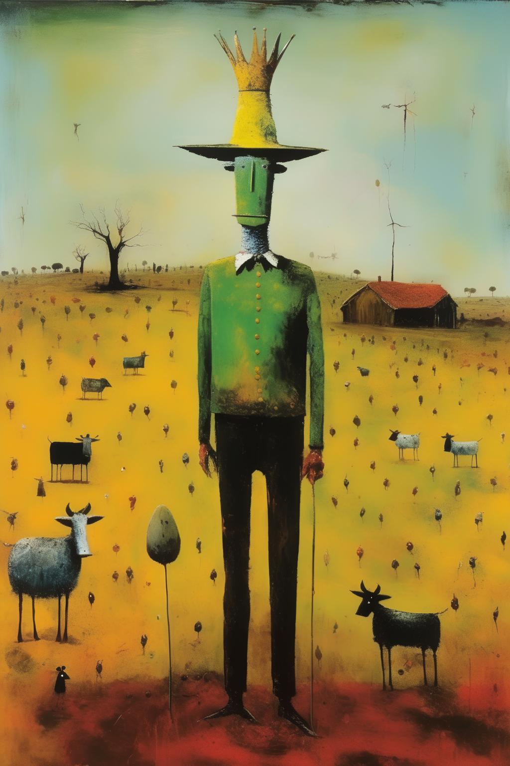 Painting of a man with a hat and a goat in a field - SeaArt AI