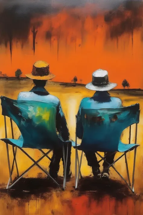 <lora:Sidney Nolan Style:1>Sidney Nolan Style - a couple from behind sitting on camping chairs