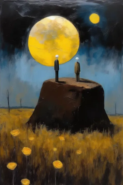 <lora:Sidney Nolan Style:1>Sidney Nolan Style - A surrealism abstract oil painting capturing a giant brown rock, a lonely weak old man standing and a withered white flower in the foreground, contrasting against a dark, deep night sky with a yellow moon. Oil painting inspired by the works of Vincent van Gogh, who masterfully expressed emotion through vibrant brushstrokes. The scene showcases a lonely weak old man at the forefront and a withered white flower beside him, its petals delicately curled and lifeless. In the backdrop, a vast expanse of dark, starlit sky envelopes the painting, illuminated by a radiant yellow moon. The color palette conveys a somber tone, with cool blues and grays dominating the canvas. The moon's gentle glow casts ethereal shadows, accentuating the flower's stillness. Facial expressions are absent, allowing the viewer to reflect upon the stark contrast between life and death.