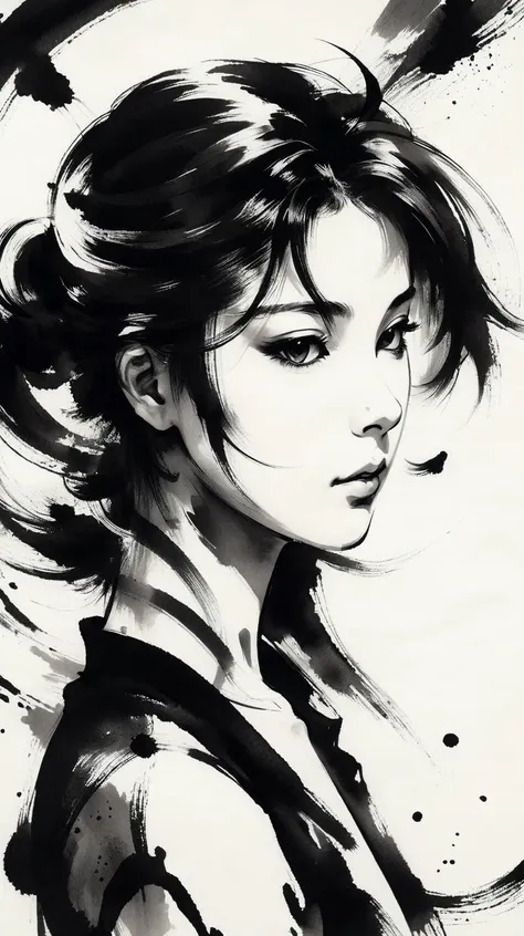 1girl, solo, looking at viewer,  <lora:[XL]Sumi-e:1>, sumi-e, masterpiece,best quality,extremely detailed,fine details,official art,unity 8k wallpaper,4K,8K,UHD, antiBlur,photography, abstract background, (upper body:1.5)