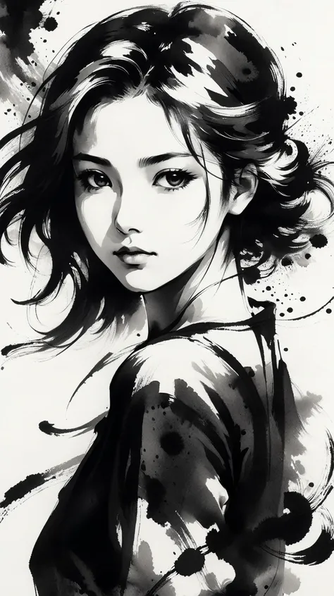 1girl, solo, looking at viewer,  <lora:[XL]Sumi-e:1>, sumi-e, masterpiece,best quality,extremely detailed,fine details,official art,unity 8k wallpaper,4K,8K,UHD, antiBlur,photography, abstract background, (upper body:1.5)