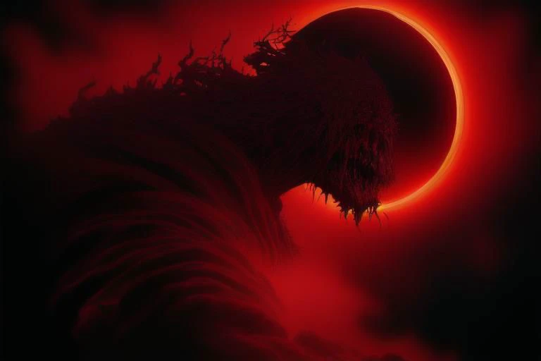 A haunting masterpiece (masterpiece:1.3) of dark fantasy art captures the climactic moment of the eclipse in Berserk. The focus is on the tortured protagonist, Guts (Guts:1.2), standing amidst a chaotic swirl of demonic entities (chaotic:1.1). The sky is ablaze with a blood-red hue (blood-red sky:1.2), as the moon is partially obscured by the ominous eclipse (eclipse:1.3). Guts, wielding his massive sword, stands defiantly against the overwhelming darkness (defiant:1.1), his face marked with determination (determined expression:1.1). The scene is filled with a sense of impending doom (impending doom:1.2), as the world around Guts crumbles and transforms into a nightmarish realm. This stunning artwork is the creation of renowned anime artist Kentaro Miura (Kentaro Miura:1.3), known for his intricate and detailed illustrations.