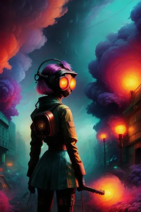 a woman in a gas mask standing on a city street, magenta lighting. fantasy, cloudpunk, girl under lantern, colourful artwork, walking towards you, panoramic view of girl, cosmic skies, hydropunk, wandering, facing away, vapor