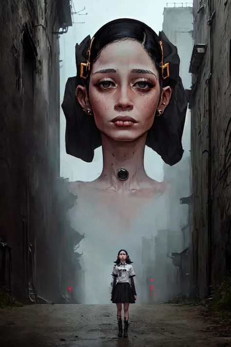 mandatory, A ((Medium Shot of 1girl of 14yo (Regine Lange:1.3))) (that's serious) , ((look away from the camera)), alleyway as background, atmosphere of horror and nightmare