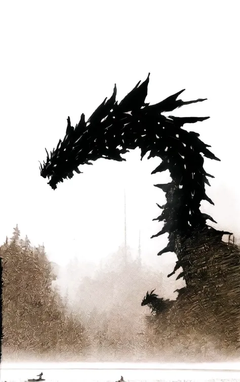 rfktrstyle, landscape of a horror in the distance there is The Nidhogg Dragon, Foggy conditions, Ultrarealistic, Monochromatic Beige filter