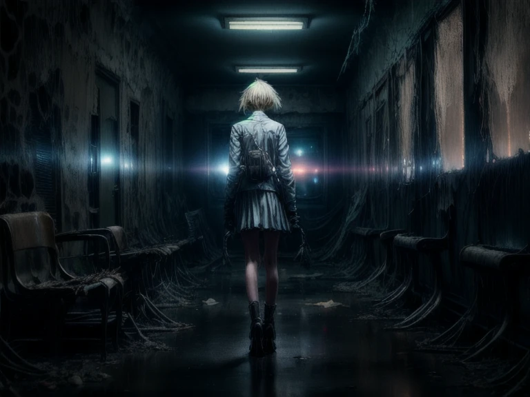 ((Professional Photograph of a lone age girl exploring an abandoned hospital)), solo, (blonde haired teengirl, school girl outfit), scared look, innocent teenagereing from something, (holding a retro flashlight, lighting up dark area, lightbeam:1.1),
[detailed background], abandoned hospital background, ((wheelchairs, puppets:1.2)), empty rooms, (nightmarish, dense fog:1.3), dirty, cracked architecure, colour peeling off from walls, ambient smoke, ambient dust, dust particles, dark clouds, dark rain, creepy atmosphere, 8k, best quality, masterpiece, realistic, photo-realistic, low light, bokeh, suspense, ((total perspective)), <lora:add_detail:1.5>