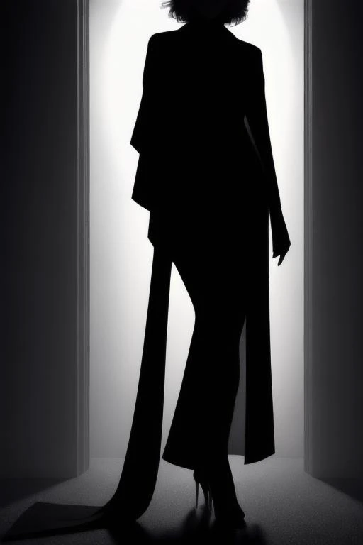 Craft a portrait shrouded in enigmatic allure, inspired by the haunting aesthetic of film noir, where a lone woman with medium-length hair stands amidst the play of shadows, her figure cloaked in mystery and intrigue