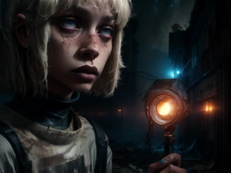 ((Professional Photograph of a lone teenage girl exploring an abandoned town hidden in dense fog)), solo, (blonde haired teenage girl, school girl outfit), scared look, innocent teenager fleeing from something, (holding a retro flashlight, lighting up dark area, lightbeam:1.1),
[detailed background], abandoned town, (nightmarish, dense fog:1.3), dirt, cracked architecure, houses in ruins, rusty metal fences, colour peeling off from walls, ambient smoke, ambient dust, dust particles, dark clouds, dark rain, creepy atmosphere, 8k, best quality, masterpiece, realistic, photo-realistic, low light, bokeh, suspense, ((total perspective)), in motion, dynamic, <lora:add_detail:1.5>