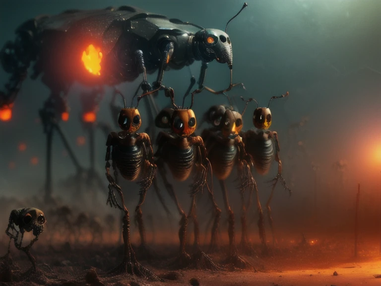 horror style a horde of robotic ant workers building a text message,(text, error 404:1.3), higlighted text, ((group of robotic ants)), multiple ants, expressive, facial expression, emotion,artstation,
[detailed background], robotic landscape background, machine world theme, construction site, (ant design, organic design, insect body, compound eyes, mandibles, sting, antennae:1.3), 8k hd, light beams, scanner lights, green tint, perfect focus, photo, front view, (detailed pixar), real life, animated , bokeh, (art by simon stalenhag:0.5, art by hr giger:1.3), <lora:add_detail:0.75>