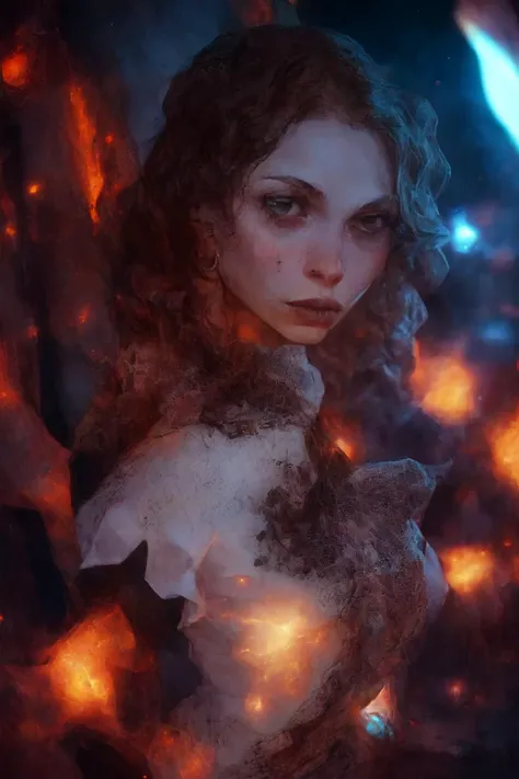 mandatory, Medium Close Up of 1girl of 18yo (Alicia Willcock:1.3) as angel of protection, look away from the camera, over a group stuck in a time loop, atmosphere of horror and nightmare