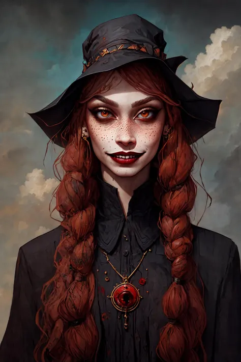 portrait, woman, beautiful, perfect face, flawless eyes, witch, (big smile:1.15), fit, beautiful lips, busty, red hair, lipstick, freckles, long braid, highly detailed, intricate details, matte painting poster, artstation, gothic, (witch hat), black gem necklace, dark robe, smooth, (blood, )