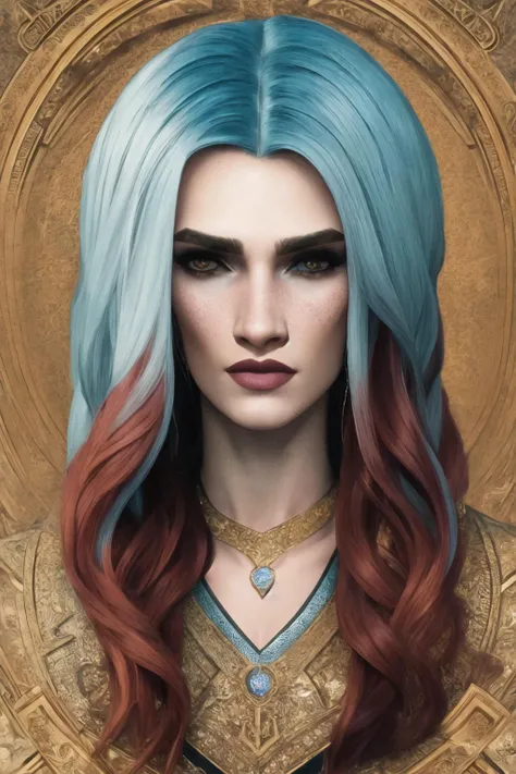 portrait, rendered,<lora:portraitfixerv2:1>, man, vampire, male focus, gothic makeup, Cyan hair, Caramel lipstic, Turmeric Lob (long bob), looking at viewer, upper body, lips, realistic, freckles, Silver eyes, bare shoulders, large breasts, mole, closed mouth, sleeveless, choker, nose, medium breasts,  blurry background, collarbone, eyelashes, blurry,  zipper, fishnets,
speedpaint