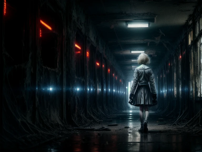 ((Professional Photograph of a lone age girl exploring an abandoned hospital)), solo, (blonde haired teengirl, school girl outfit), scared look, innocent teenagereing from something, (holding a retro flashlight, lighting up dark area, lightbeam:1.1),
[detailed background], abandoned hospital background, ((wheelchairs, puppets:1.2)), empty rooms, (nightmarish, dense fog:1.3), dirty, cracked architecure, colour peeling off from walls, ambient smoke, ambient dust, dust particles, dark clouds, dark rain, creepy atmosphere, 8k, best quality, masterpiece, realistic, photo-realistic, low light, bokeh, suspense, ((total perspective)), <lora:add_detail:1.5>