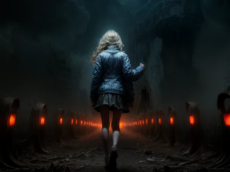 ((Professional Photograph of a lone teenage girl running away in the ruins of an abandoned amusement park)), solo, blonde haired teenage girl wearing a cheerleader outfit, scared innocent teenager, holding a retro flashlight, nsfw, gore,
[detailed background], abandoned amusement park background, lost amusement park, damaged attractions, (nightmarish, dense fog:1.3), ambient smoke, dark clouds, creepy atmosphere, 8k, best quality, masterpiece, realistic, photo-realistic, cinematic light, dramatic light, bokeh, suspense, ((total perspective)), <lora:add_detail:1.5>