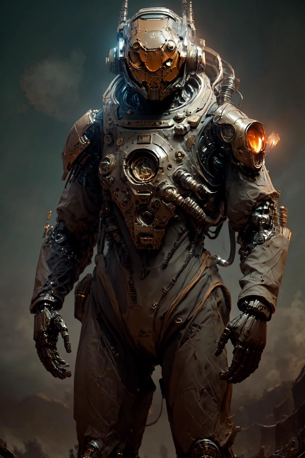 mandatory, cgmech, a ((Medium Close Up of humanoid robot)), ((look away from the camera)), Steampunk City Pilaster,Overcast Sky as background <lora:nijiMecha:1@0,.5@.4>, atmosphere of horror and nightmare