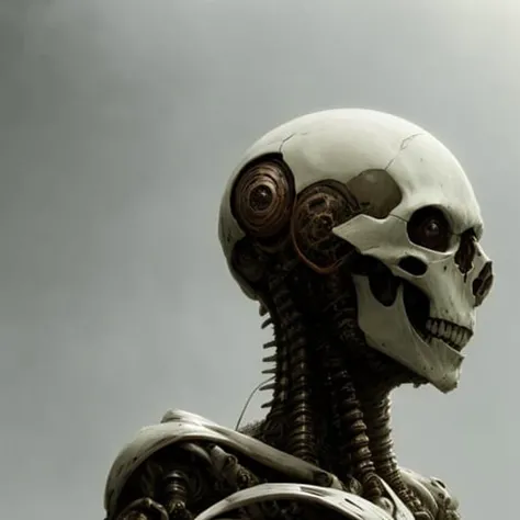 skull, skeleton, mech, cybertech, 4k, highest quality,grunge aesthetics, grunge textures, washed out colors, art by RFKTR_bontrex