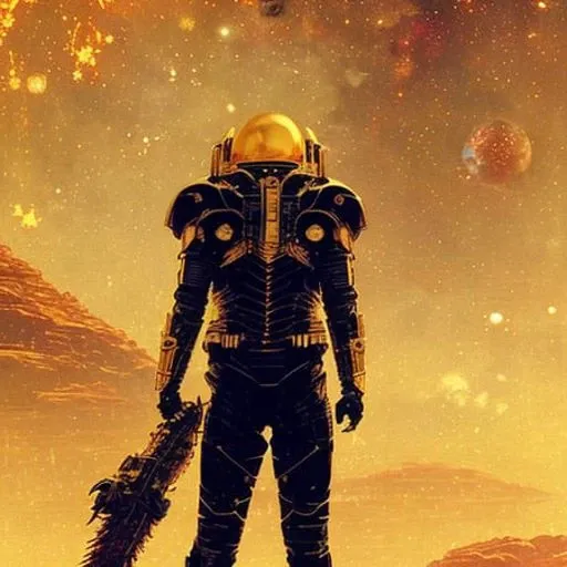 (planets:1.3), cosmic, space, high-tech, (golden:1.5), (black:1.5), (Frightening:1.3) (RFNKTRY), (by Artist Akihiko Yoshida:1.3),(by Artist Ross Tran:1.3),(by Artist Tsutomu Nihei:1.3),masterpiece, 4k, HD, art inkpunk