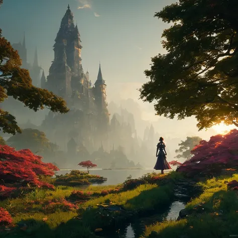 gothic castle yard with a lake and lush plants, fantasy art, by greg rutkowski, loish, rhads, ferdinand knab, makoto shinkai and lois van baarle, ilya kuvshinov, rossdraws, tom bagshaw, beautiful, cinematic, elegant, hyperrealistic, octane render, unreal, high definition, 8k resolution, highly detailed, photo taken with Sony a7R camera, DSLR lens