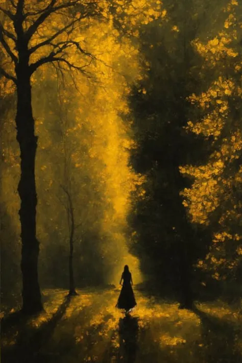 gothic painting of an otherworldly woman with striking yellow eyes, (((golden blonde flowing hair))), luminous skin, wearing a flowing yellow gown adorned with cryptic symbols and patterns, in a modern urban setting, city park at dusk, eerie and surreal atmosphere, city skyline in the background, twisted trees, shadowy figures, path that seems to lead into an impossibly distorted version of the city, long flowing hair, amazing body, pronounced feminine feature, perfect face, amazingly detailed facial features, surrealism, lovecraftian, expressionism, abstract, rfktr, rfktrstyle