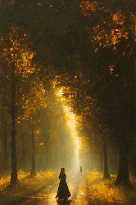 gothic painting of an otherworldly woman with striking yellow eyes, (((golden blonde flowing hair))), luminous skin, wearing a flowing yellow gown adorned with cryptic symbols and patterns, in a modern urban setting, city park at dusk, eerie and surreal atmosphere, city skyline in the background, twisted trees, shadowy figures, path that seems to lead into an impossibly distorted version of the city, long flowing hair, amazing body, pronounced feminine feature, perfect face, amazingly detailed facial features, surrealism, lovecraftian, expressionism, abstract, rfktr, rfktrstyle