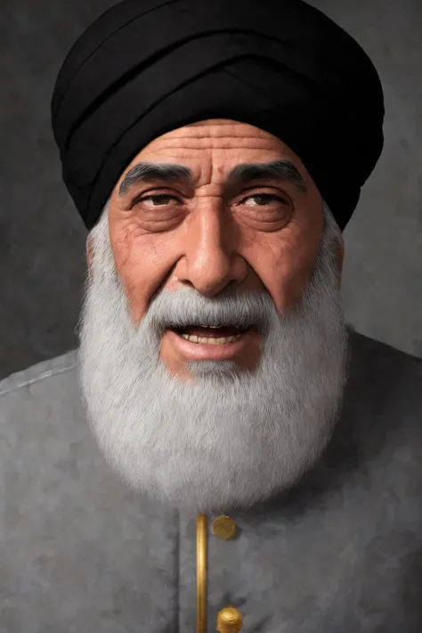 close-up photo portrait of a 80 yo aged Arab man, short grey hair, beard, black eyes, joyful face expression, turban, holding ak-47, military, simple background