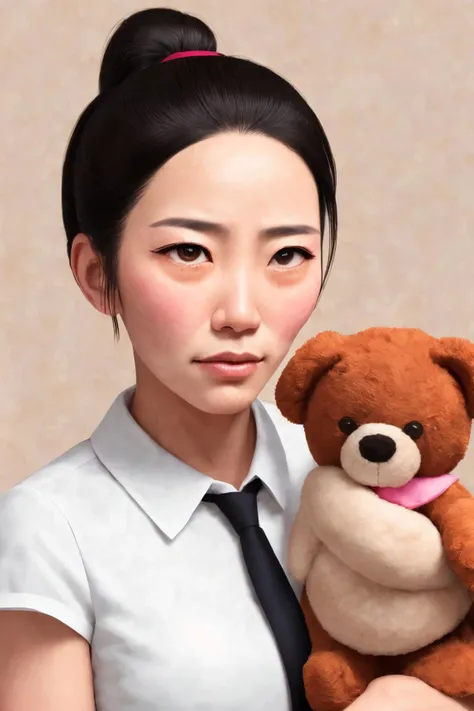 close-up photo portrait of a 30 yo asian woman, black ponytail, brown eyes, crying face expression, blush, shirt, tie, office lady, holding teddy bear, simple background