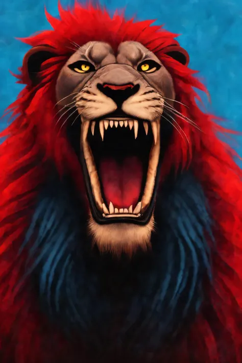 close-up photo portrait of a great red lion, blue eyes, very long lion's mane, roaring, open mouth, fangs, animal, no humans, simple background