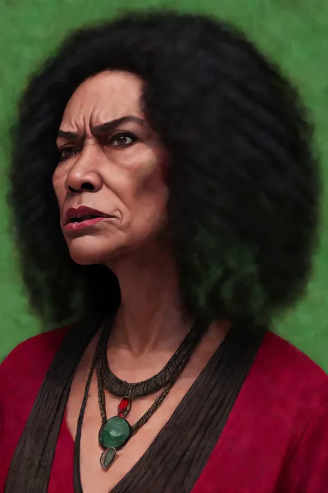 close-up photo portrait of a 60 yo samoan woman, black long curly hair, green eyes, angry face expression, chest red huge gem, necklace, chieftain, traditional, simple background