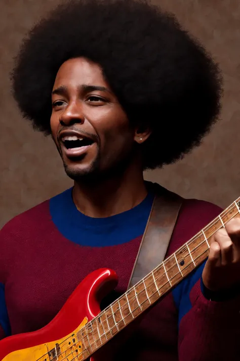 close-up photo portrait of a 45 yo african man, black afro hair, stubble, brown eyes, excited face expression, singing, red bass guitar, blue sweater, black bluesman, simple background