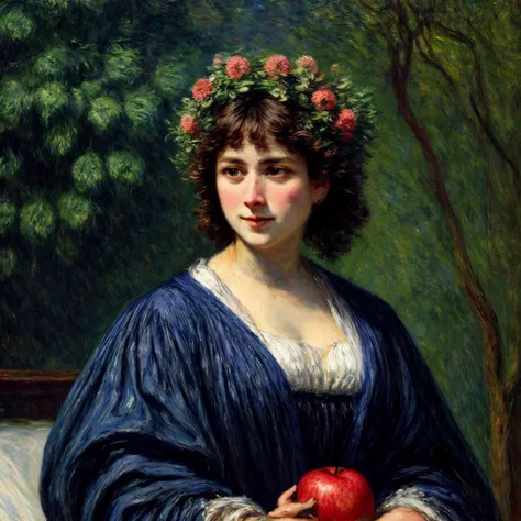 RAW photo, 8k uhd, Analog style, (Masterpiece, Best Quality, Highres:1.3), dramatic, cinematic, BREAK,
(oil painting:1.3) by (Peter Paul Rubens:1.2) and (Claude Monet:1.2) of (corpulent:1.1) (woman:1.2) sitting in (garden of Eden:1.2), (holding apple:1.2), white (chiton:1.2), (apples:1.3), (trees:1.2), (ancient:0.5) (ruins:1.05), cute face, blue eyes, braids, (flower wreath:1.1), (bed sheet:1.15), (godrays:1.2), (shine:1.1), (mountain:1.1), (fluffy cloud:1.2), (painting, renaissance, romanticism scene:1.12), (hyperdetailed, absurdres:1.1), BREAK,
<lora:more_details:0.85>,