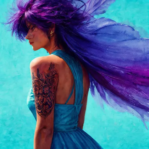 RAW photo, 8k uhd, Analog style, (Masterpiece, Best Quality, Highres:1.3), dramatic, cinematic, BREAK,
(watercolor painting:1.4) by (Agnes Cecile:1.2) of (slim:1.1) indian (girl:1.2) upper body from behind, (sundress made of feathers:1.3), cute face, (dynamic pose:1.1), (eyes:0.8), looking up, ((very long:1.1) flying blue hair:1.2) with (purple:1.1) (feather:1.4), (tattoo:1.3), (clouds, mountain, field:0.8), wind, ((colorful:1.1) watercolor blots background:1.3), (soft colors, fluid strokes, transparent layers:1.3), (hyperdetailed, absurdres, sketch:1.1), BREAK,
<lora:more_details:0.7>,