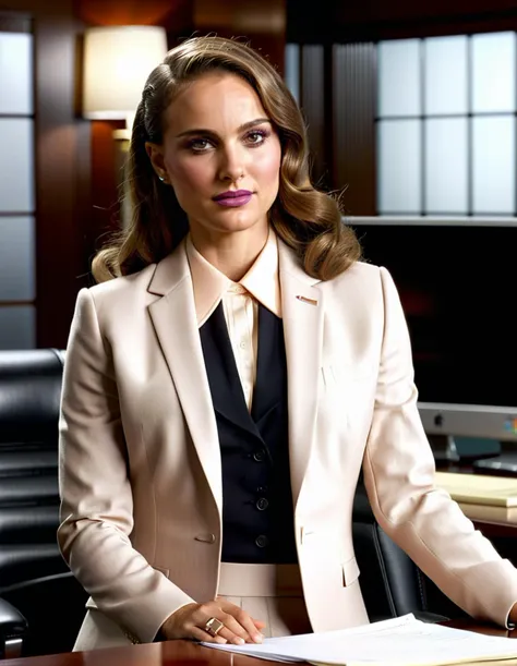 professional 3d model Cinematic upper body portrait of Natalie Portman dressed as a woman ((dressed as a businesswoman in a 3 piece suit, 1960s office setup)). photorealistic image, 8k, artwork by greg rutkowski, DSLR photography, <lora:Portman_Realvis:0.75> . octane render, highly detailed, volumetric, dramatic lighting