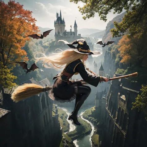 (riding broom), 1 lady, long blonde hair, outdoor, flying, (from side), (from top), ((witch riding on broom)), (snow), winter, trees and castle in bottom, broom between legs, bats around her,