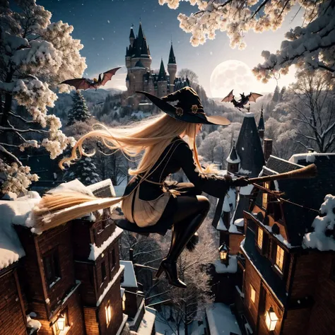 (riding broom), 1 lady, long blonde hair, outdoor, flying, (from side), (from top), ((witch riding on broom)), (snow), winter, trees and castle in bottom, broom between legs, (night), (moonlight), bats around her,