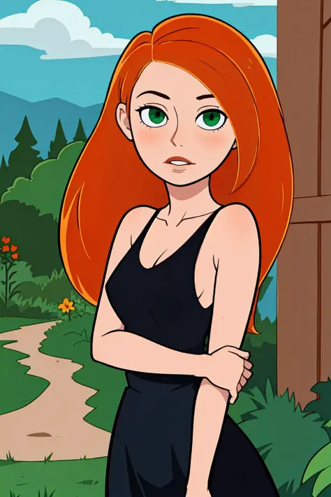 (masterpiece, best quality:1.3), 1girl, looking at viewer, kimberly ann possible, parted lips, upper body, standing, collarbone, bare shoulders, blush, colored skin, orange hair, long hair, absurdly long hair, green eyes, medium breasts, (skindentation:1.2), black dress, loose clothes, sleeveless, blue sky, clouds, garden, landscape, <lora:Function_Good.Hands:0.8> <lora:Concept_Bursting.Breasts:0.4> <lora:Character_Kim.Possible_Kimberly.Ann.Possible:0.6>