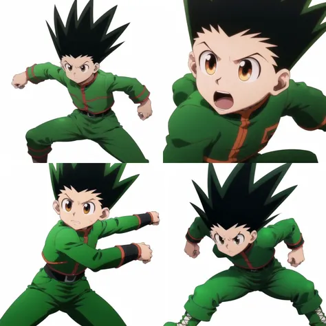 best quality, 1boy, gon_freecs, green_outfit, whole_body, white_background, simple_background, thick_outlines, black_hair, solo, fight_stance, <lora:gon_freecs:0.95>