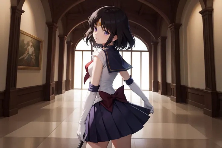masterpiece, best quality, high resolution, extremely detailed, cinematic lighting, 1girl, looking at viewer, arched back, sailor saturn, tiara, sailor senshi uniform, purple sailor collar, pleated skirt, elbow gloves, jewelry, brooch, choker, purple eyes <lora:sailormoon_sailorsaturn-10:0.75>