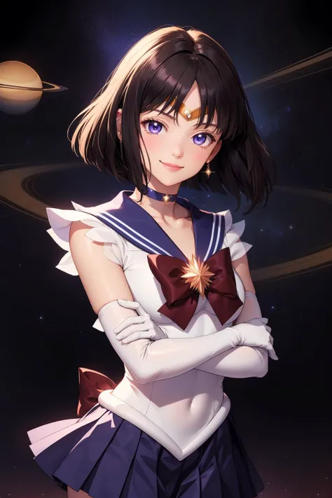 masterpiece, best quality, highres, absurdres, ultra detailed, pretty eyes,
sailor Saturn, tiara, sailor senshi uniform, purple sailor collar, pleated skirt, elbow gloves, jewelry, brooch, choker
happy, smile, arms crossed, cowboy shot
outside, stars_twinkling, (planet_Saturn background)
<lora:sailormoon_sailorsaturn-10:0.7>
