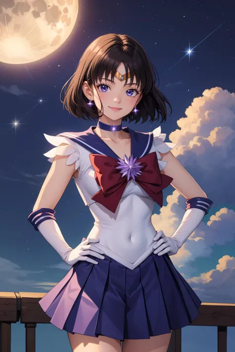masterpiece, best quality, highres, absurdres, ultra detailed, pretty eyes,
sailor Saturn, tiara, sailor senshi uniform, purple sailor collar, pleated skirt, elbow gloves, jewelry, brooch, choker
happy, smile, hands on hips, cowboy shot
outside.night_sky, full_moon, shooting_stars, stars_twinkling 
 <lora:sailormoon_sailorsaturn-10:0.7>