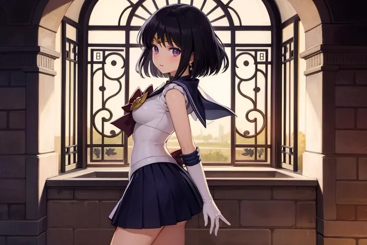 masterpiece, best quality, high resolution, extremely detailed, cinematic lighting, 1girl, looking at viewer, arched back, sailor saturn, tiara, sailor senshi uniform, purple sailor collar, pleated skirt, elbow gloves, jewelry, brooch, choker, purple eyes <lora:sailormoon_sailorsaturn-10:0.75>