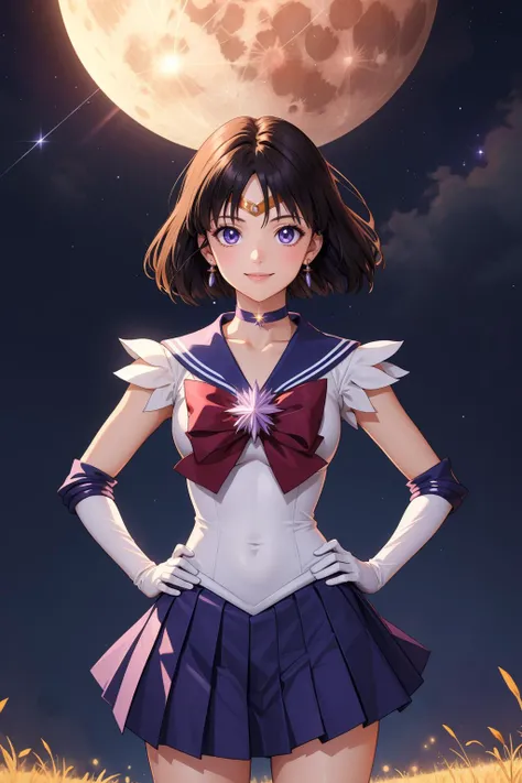 masterpiece, best quality, highres, absurdres, ultra detailed, pretty eyes,
sailor Saturn, tiara, sailor senshi uniform, purple sailor collar, pleated skirt, elbow gloves, jewelry, brooch, choker
happy, smile, hands on hips, cowboy shot
outside.night_sky, full_moon, shooting_stars, stars_twinkling
<lora:sailormoon_sailorsaturn-10:0.7>