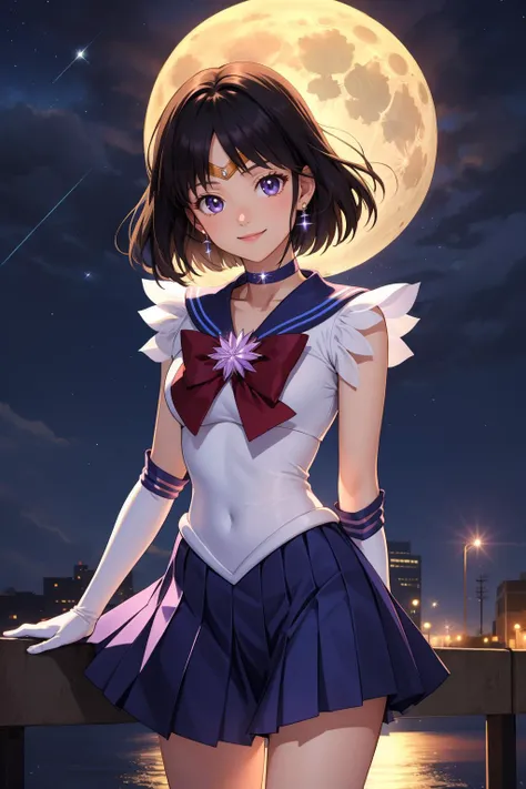 masterpiece, best quality, highres, absurdres, ultra detailed, pretty eyes,
sailor Saturn, tiara, sailor senshi uniform, purple sailor collar, pleated skirt, elbow gloves, jewelry, brooch, choker
happy, smile, cowboy shot
outside.night_sky, full_moon, shooting_stars, stars_twinkling
<lora:sailormoon_sailorsaturn-10:0.7>
