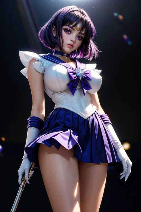 (Ultra-realistic,32k,RAW Photos:1.1),(Skin with attention to detail:1.1), 8K Ultra HD, Digital SLR, high quality, Film Grain, (compensate, mascara:1.1), lips,(thick\lips\), 
(shiny shiny translucent clothes:1.1), Sailor Saturn, (Purple eyes:0.5), short hair, Purple Hair, Circlet,brooch, choker, Earrings, gloves, jewelry, Magical girl, miniskirt, purple Sailor collar, Sailor collar, Sailor Warrior Uniforms, skirt, star choker, white gloves,, Huge breasts, (Upper Body:1.1)
Lie with your hands folded behind your head, 
 (Big Breasts:1.1) ,  (Chubby:0.1),(ambient lighting:1.2),Dark Theme, Blank Background