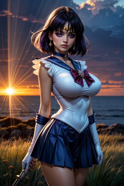 (ultra realistic,32k, masterpiece:1.2),(high detailed skin:1.1),( high quality:1.1),
<lora:sailormoon_sailorsaturn:0.8>sailor saturn,disdain,purple hair, tiara, sailor senshi uniform, purple sailor collar, pleated skirt, elbow gloves, jewelry, brooch, choker, sunrise, vibrant colors, horizon glow, tranquil blurry background,, huge breast,large breast,(looking at viewer, Bend forward:1.1), <lora:add_detail:0.99>,
(dense light rays:1.1),