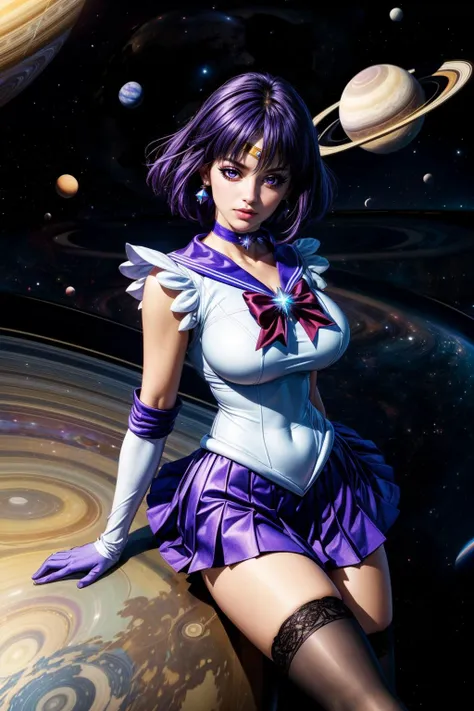 (ultra realistic,32k, masterpiece:1.2),(high detailed skin:1.1),( high quality:1.1),
<lora:sailormoon_sailorsaturn:0.8>sailor saturn,pensive,purple hair, tiara, sailor senshi uniform, purple sailor collar, pleated skirt, elbow gloves, jewelry, brooch, choker,thighhighs, high heels, universe, (planet saturn:1.2) in background, huge breast,large breast,(looking at viewer, lying, from above:1.1), <lora:add_detail:1>,
(ambient lighting:1.1),