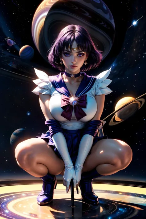 (ultra realistic,32k, masterpiece:1.2),(high detailed skin:1.1),( high quality:1.1),
<lora:sailormoon_sailorsaturn:0.8>sailor saturn,serious,purple hair, tiara, sailor senshi uniform, purple sailor collar, pleated skirt, elbow gloves, jewelry, brooch, choker, universe, (planet saturn:1.2) in background, huge breast,large breast,(looking at viewer, squatting:1.1), <lora:add_detail:0.87>,
(beautifully lit:1.1),